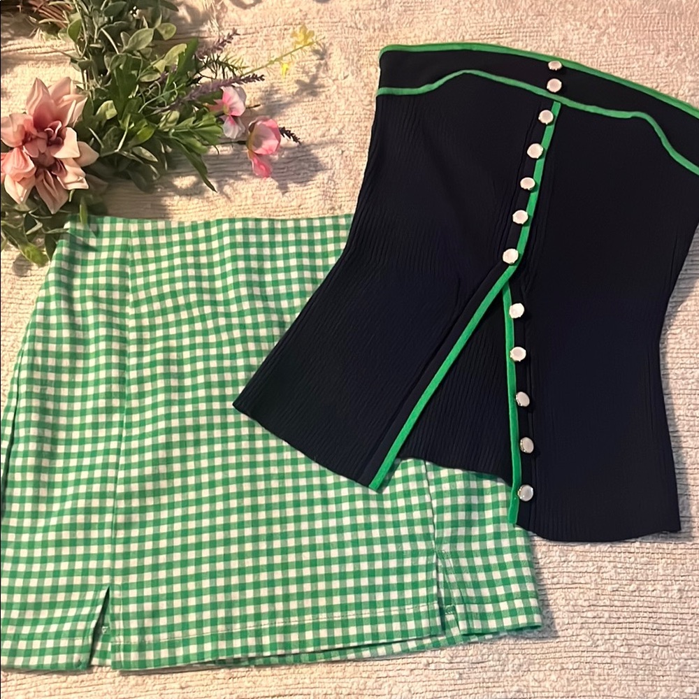 Green checkered skirt Navy blue/Green strapless sweater